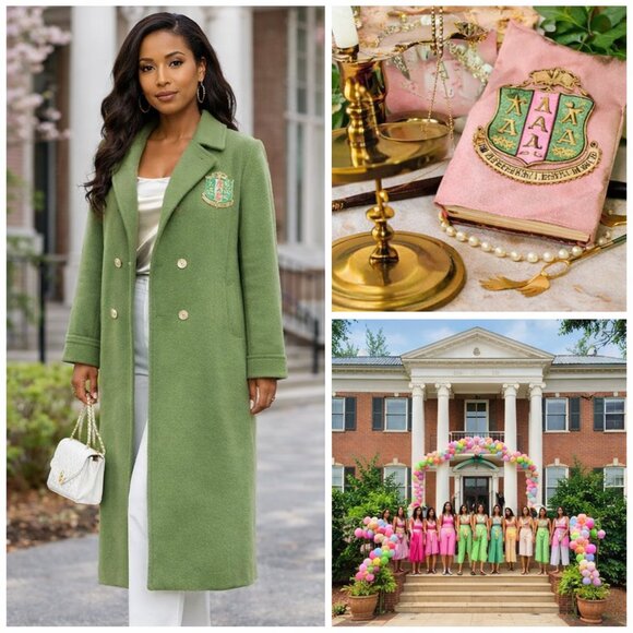 Jackets & Blazers - Vintage Boiled Wool Long Coat w/ Alpha Kappa Alpha Emblem | 1960s–80s